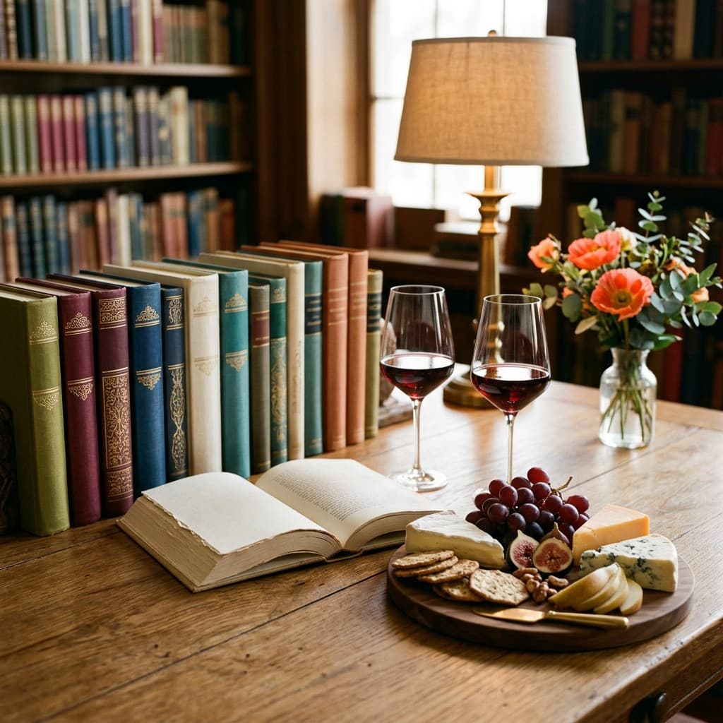 An open book, a row of clothbound volumes, wine glasses, and a cheese board on a library table