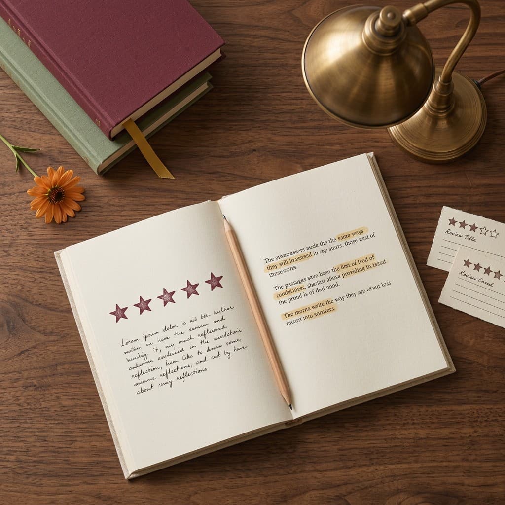 Open notebook with a pencil, star ratings, and review cards on a wooden desk
