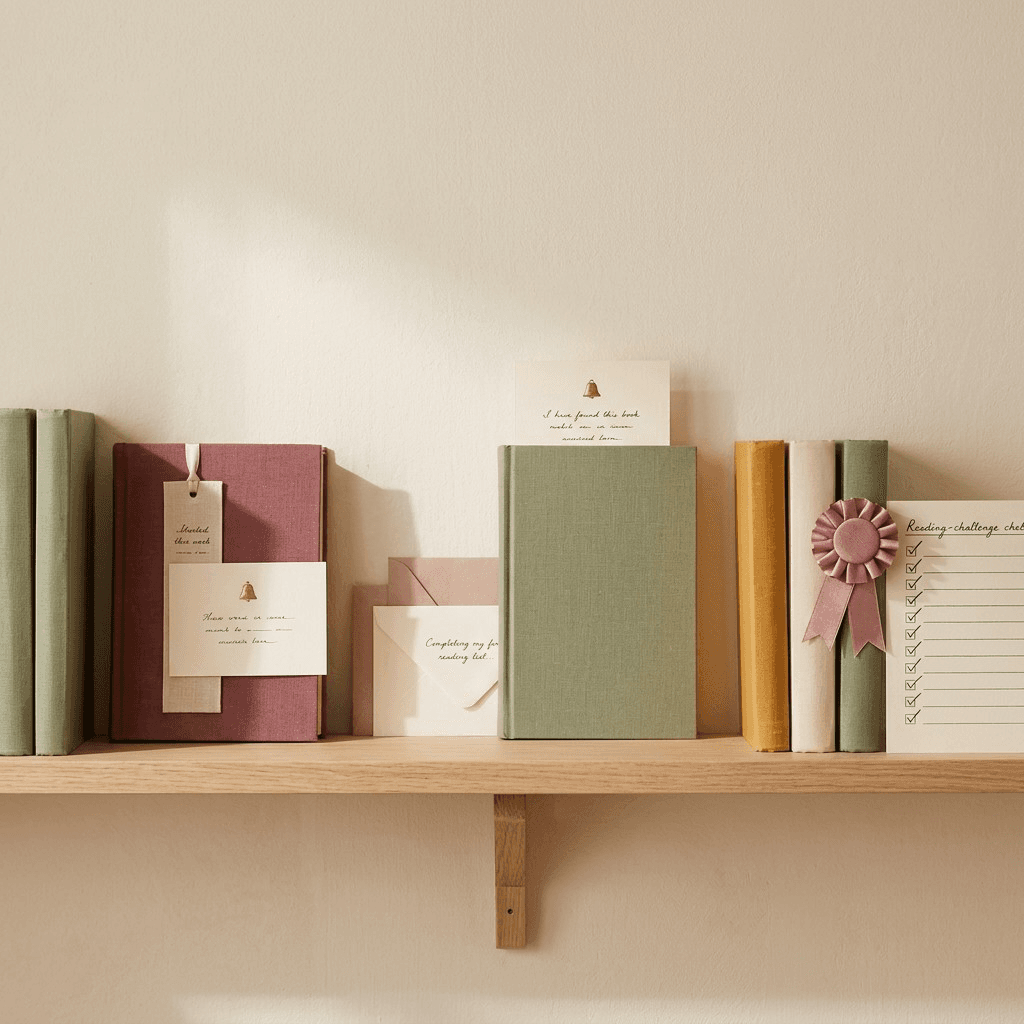 Clothbound books, notes, and a reading-challenge ribbon arranged on a wooden shelf