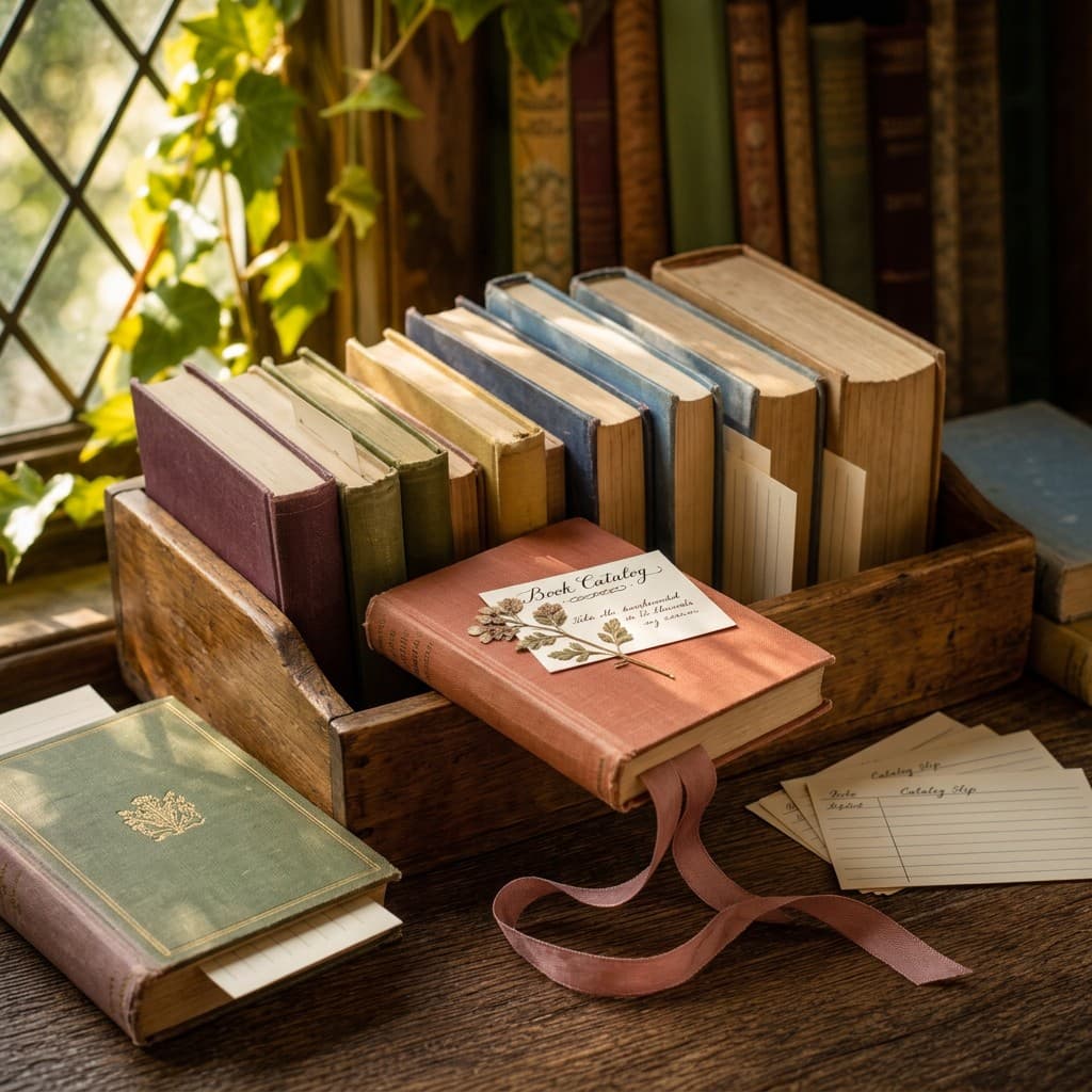 Clothbound books in a wooden crate by a window, with a catalog card, pressed botanicals, and library slips on the table